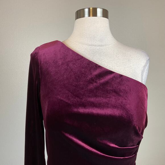Alex Evenings Velvet One Shoulder Midi Sheath Cocktail Dress Wine Red Size 8 - Picture 7 of 11